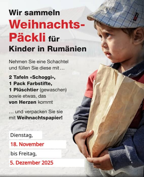 Wir werden dieses Jahr wieder Weihnachtspäcktli sammeln!✨
Ab jetzt sind Geschenke herzlich Willkommen.